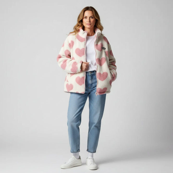 Women's Heart-Print Sherpa Zip-Up Fleece Jacket