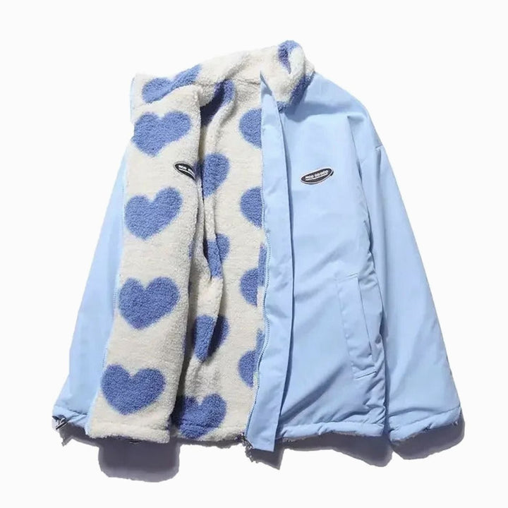 Women's Heart-Print Sherpa Zip-Up Fleece Jacket - Blue
