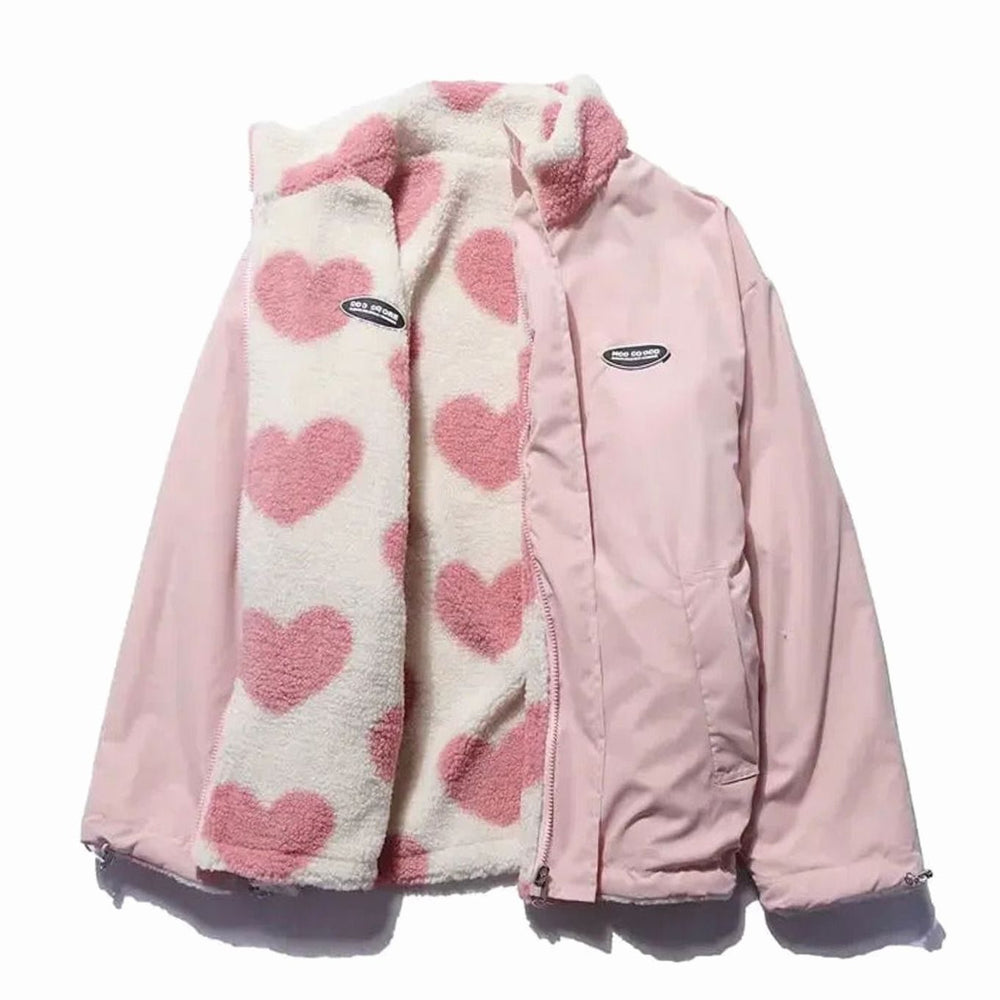 Women's Heart-Print Sherpa Zip-Up Fleece Jacket - Pink