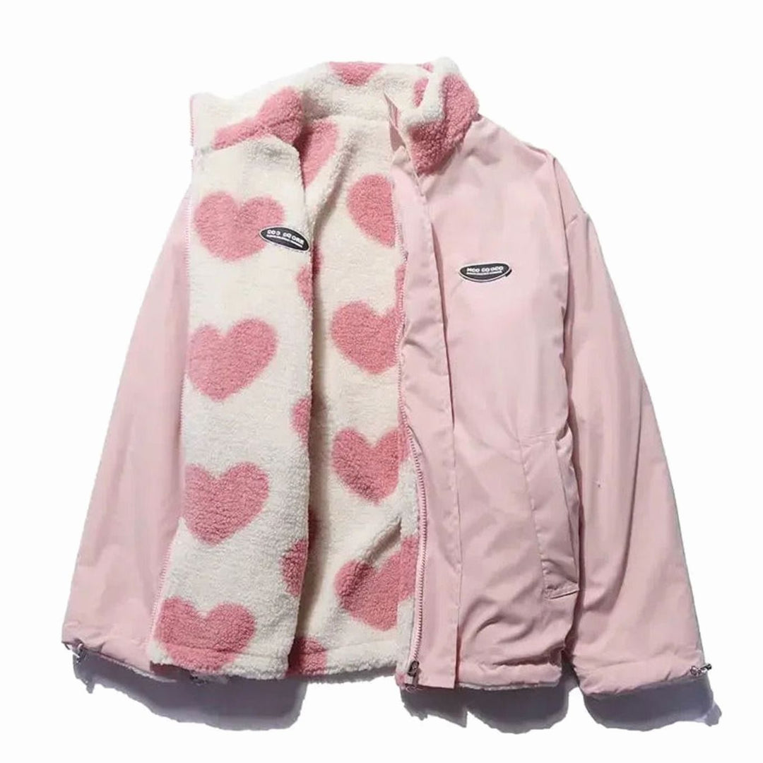 Women's Heart-Print Sherpa Zip-Up Fleece Jacket - Pink