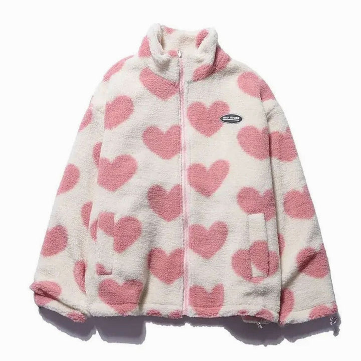 Women's Heart-Print Sherpa Zip-Up Fleece Jacket