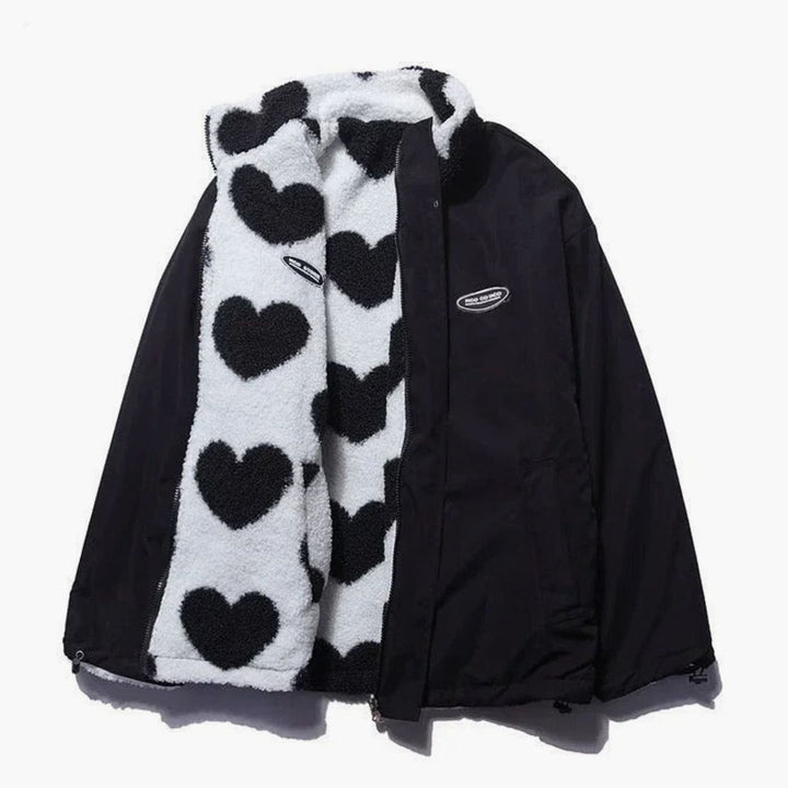 Women's Heart-Print Sherpa Zip-Up Fleece Jacket - Black