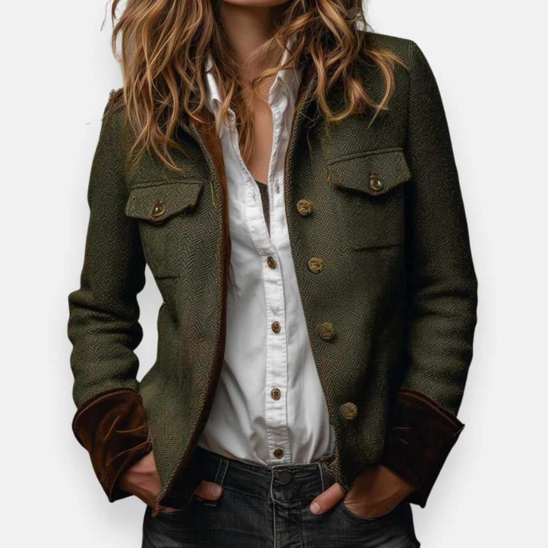 Women's Herringbone Tweed Utility Quilted Jacket Gold Buttons - Army Green