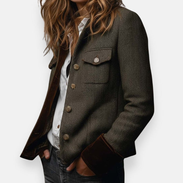 Women's Herringbone Tweed Utility Quilted Jacket Gold Buttons