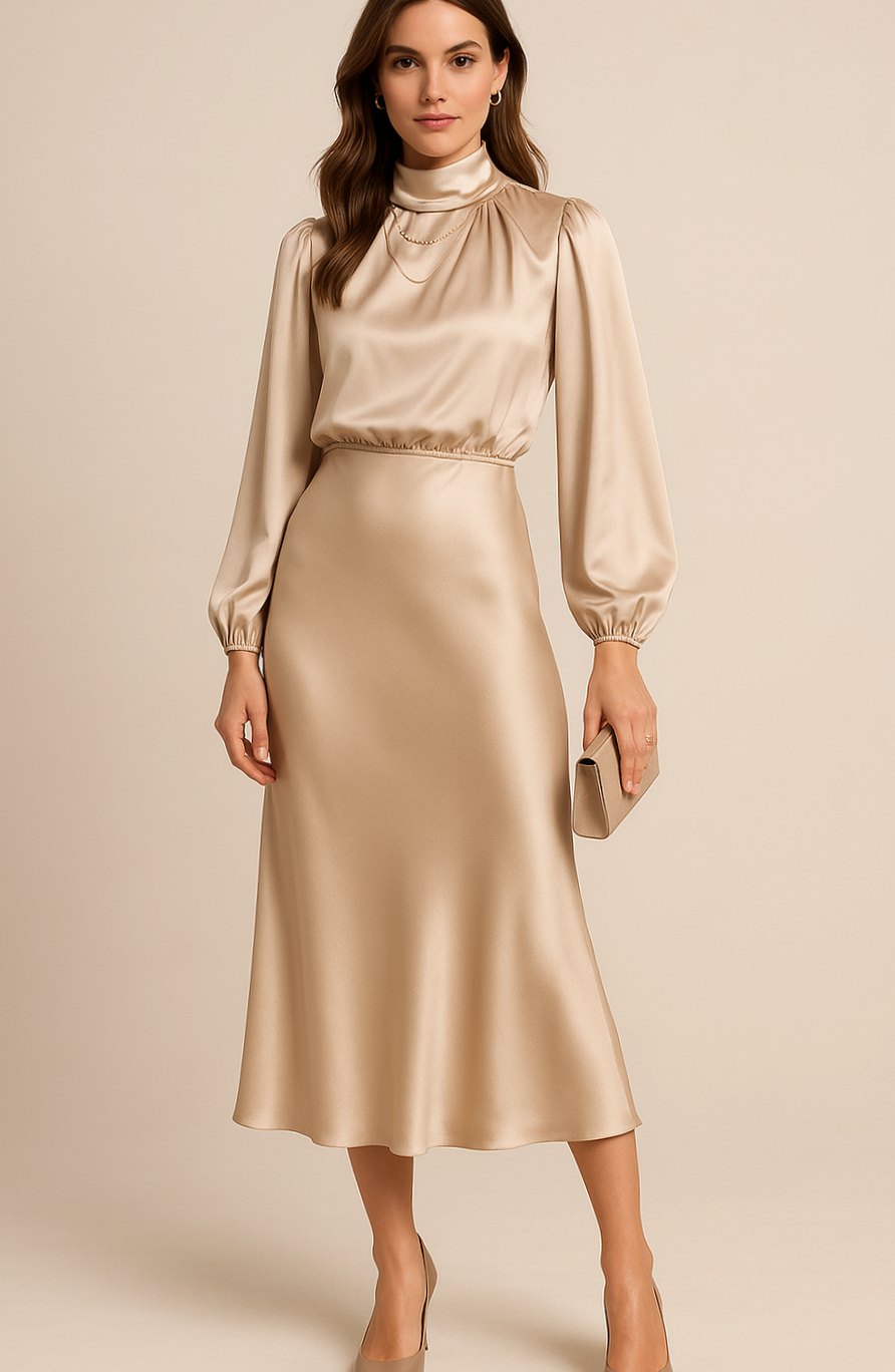 Women's High-Waist Mock-Neck Satin Balloon-Sleeve Midi Dress - Apricot
