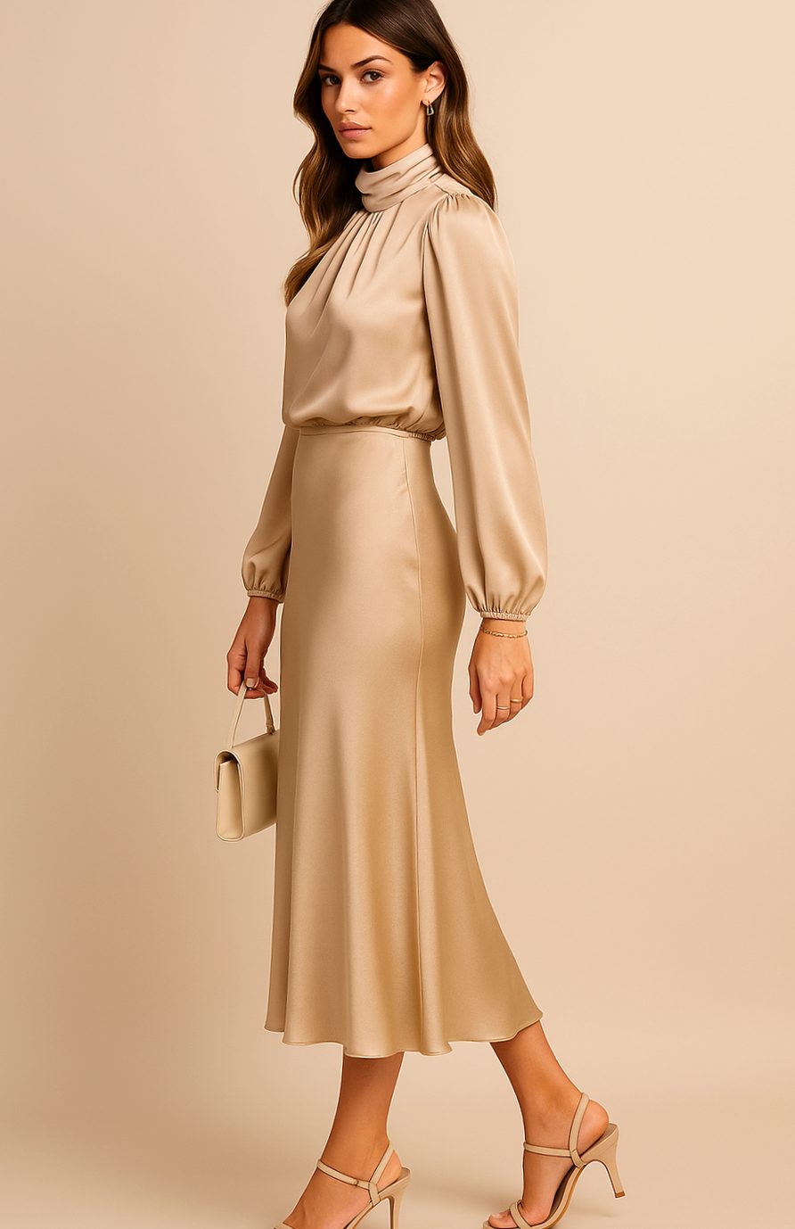 Women's High-Waist Mock-Neck Satin Balloon-Sleeve Midi Dress