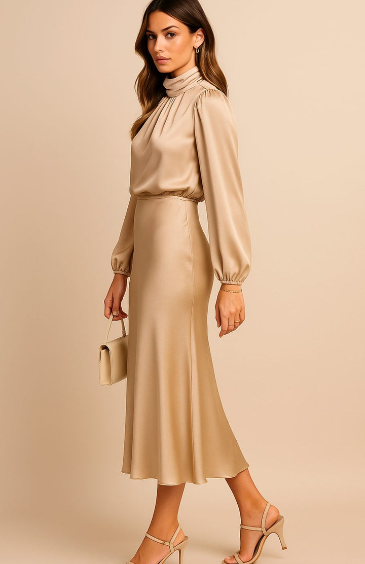 Women's High-Waist Mock-Neck Satin Balloon-Sleeve Midi Dress