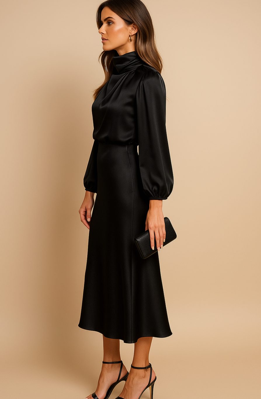 Women's High-Waist Mock-Neck Satin Balloon-Sleeve Midi Dress