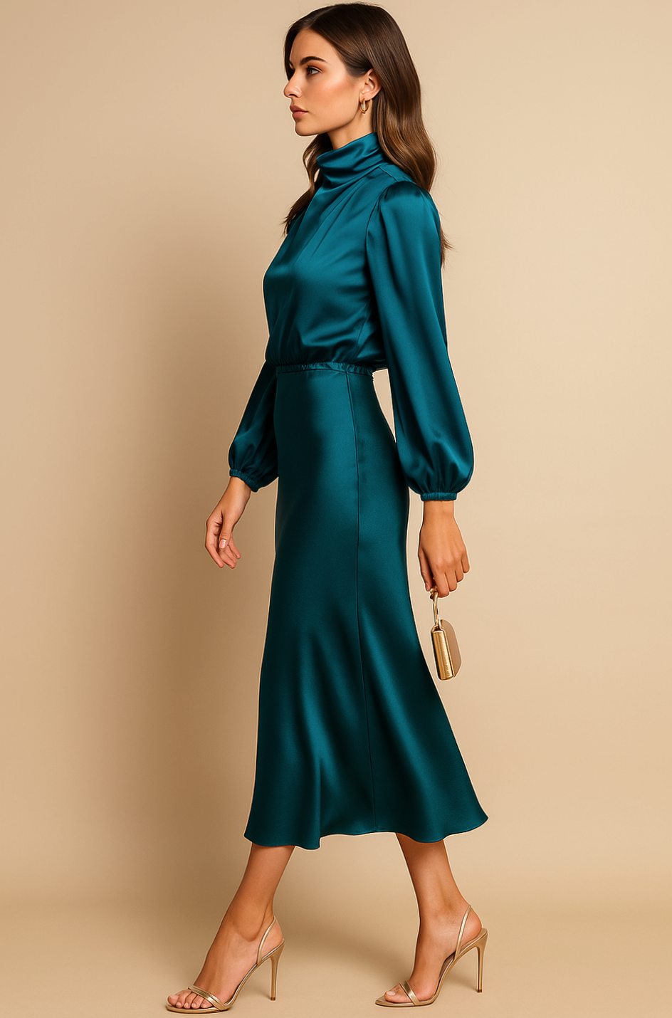 Women's High-Waist Mock-Neck Satin Balloon-Sleeve Midi Dress - Blue