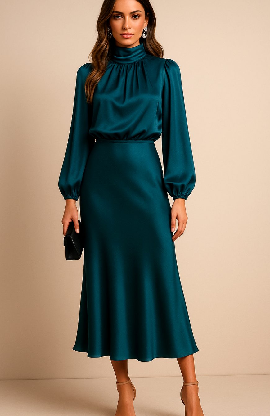 Women's High-Waist Mock-Neck Satin Balloon-Sleeve Midi Dress
