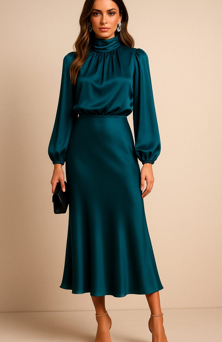 Women's High-Waist Mock-Neck Satin Balloon-Sleeve Midi Dress