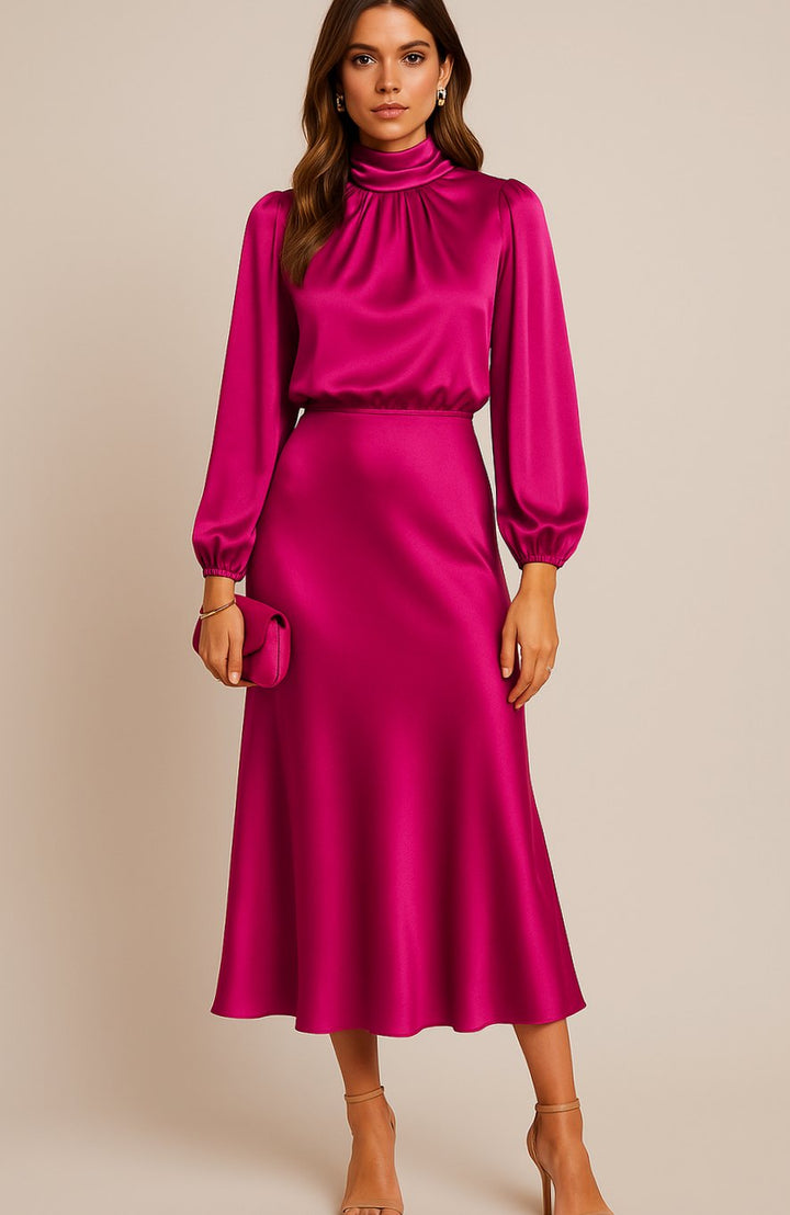Women's High-Waist Mock-Neck Satin Balloon-Sleeve Midi Dress - Pink