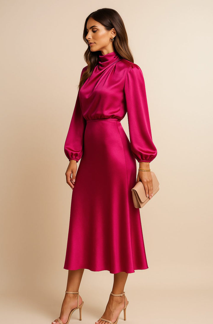 Women's High-Waist Mock-Neck Satin Balloon-Sleeve Midi Dress