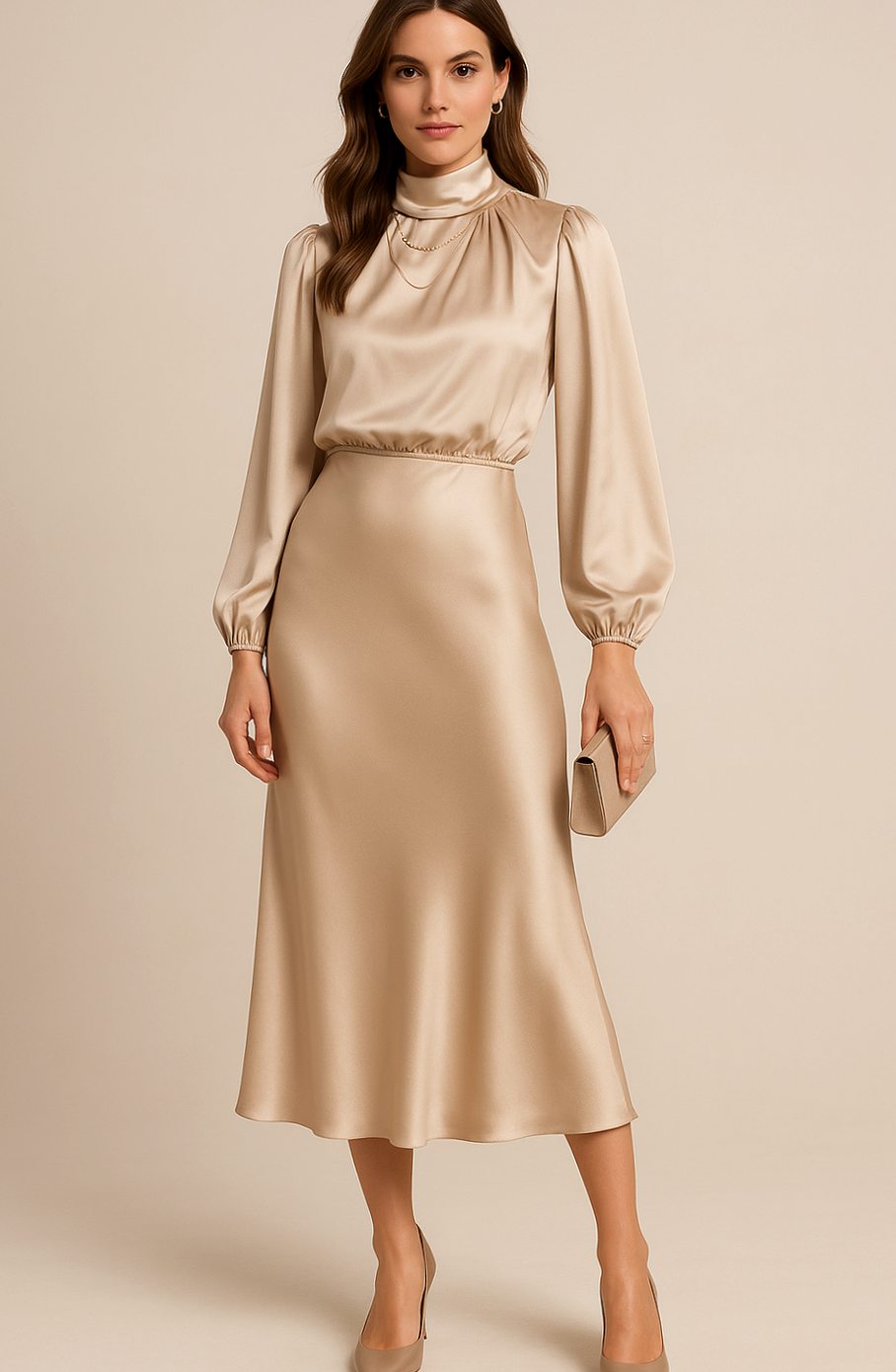 Women's High-Waist Mock-Neck Satin Balloon-Sleeve Midi Dress