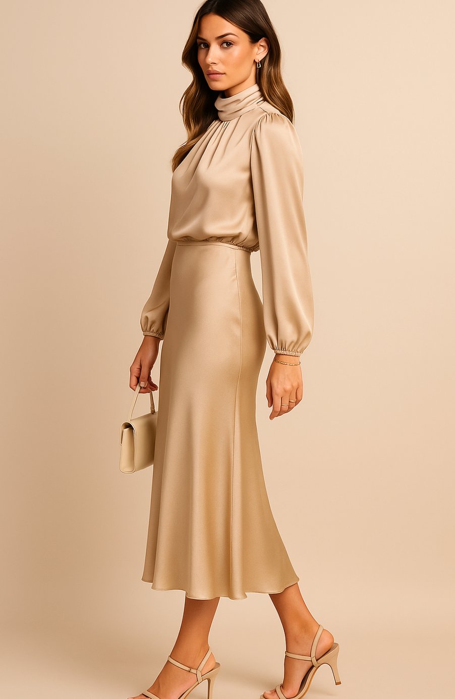 Women's High-Waist Mock-Neck Satin Balloon-Sleeve Midi Dress
