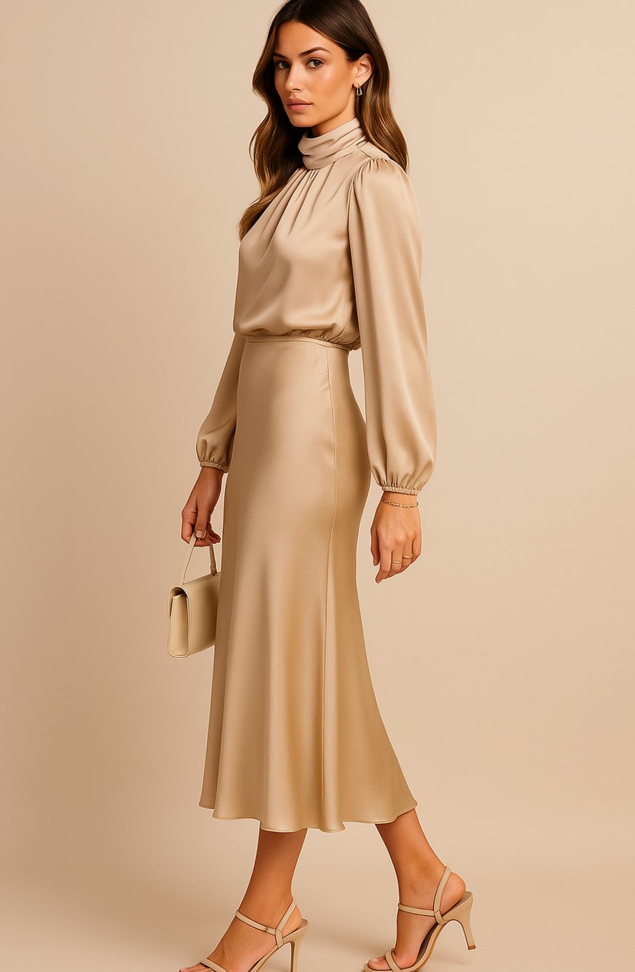 Women's High-Waist Mock-Neck Satin Balloon-Sleeve Midi Dress