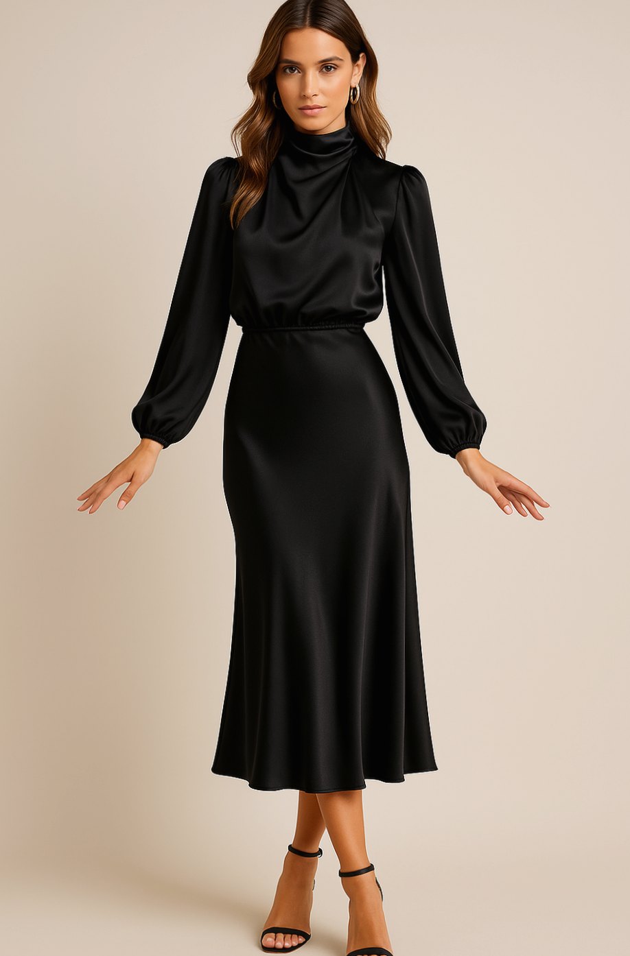 Women's High-Waist Mock-Neck Satin Balloon-Sleeve Midi Dress