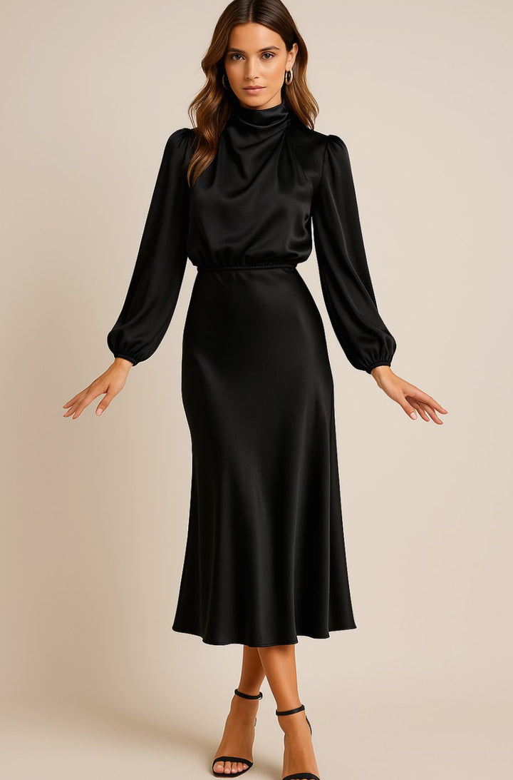 Women's High-Waist Mock-Neck Satin Balloon-Sleeve Midi Dress