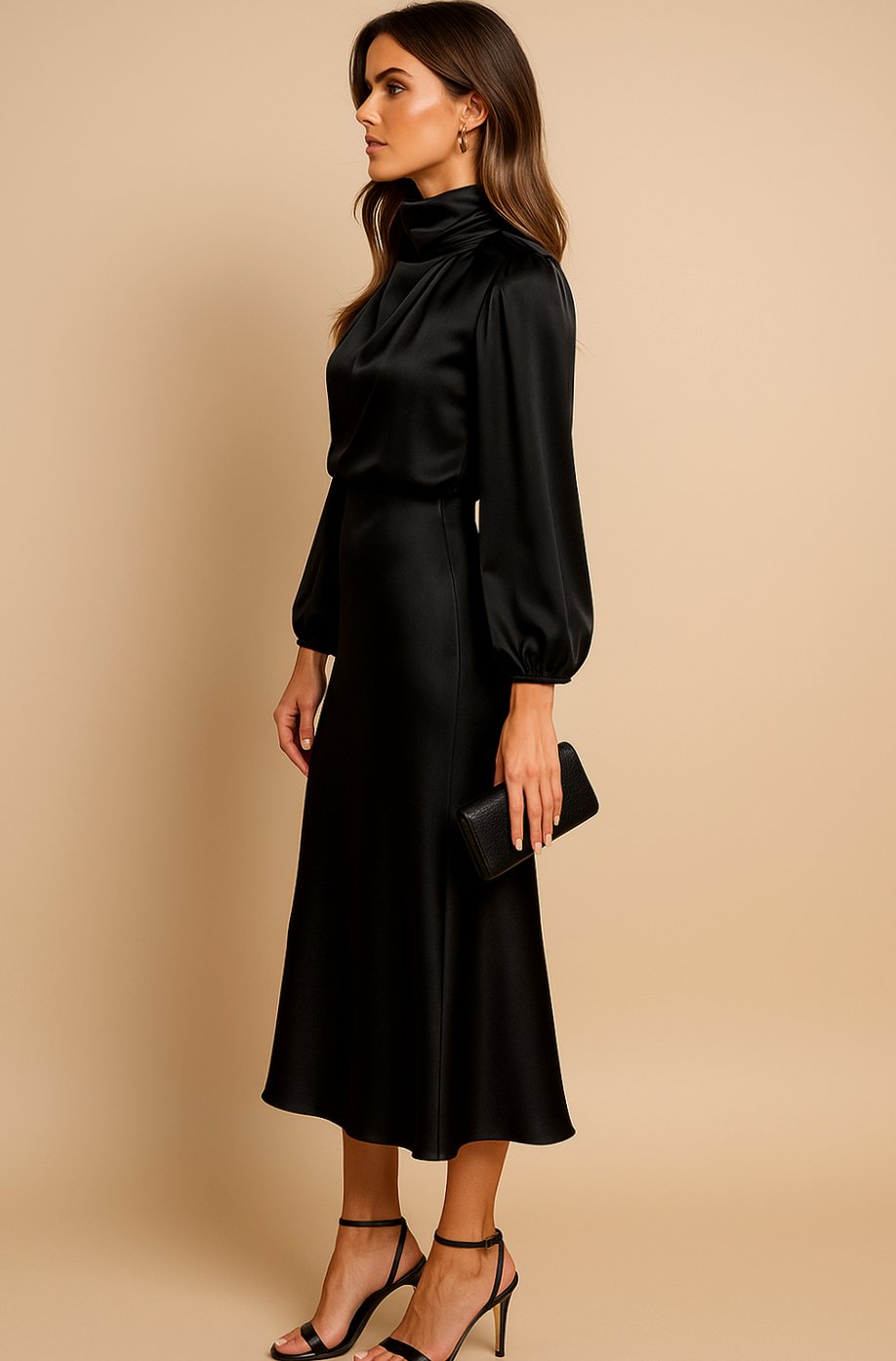 Women's High-Waist Mock-Neck Satin Balloon-Sleeve Midi Dress