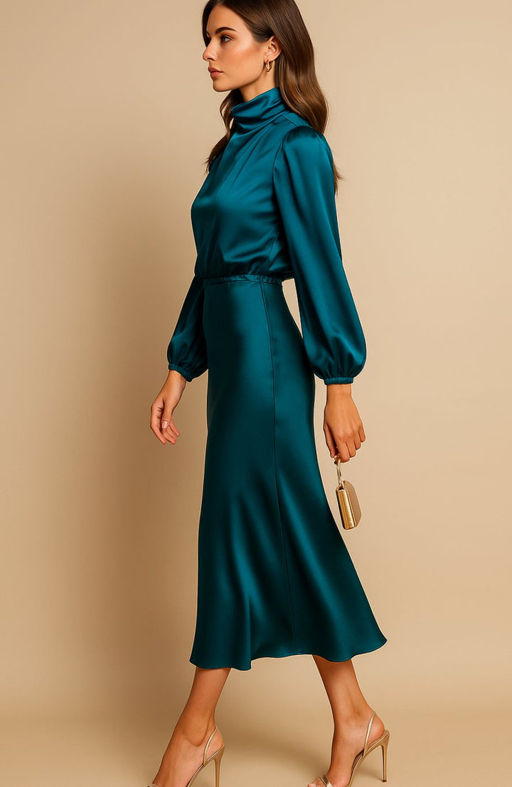 Women's High-Waist Mock-Neck Satin Balloon-Sleeve Midi Dress