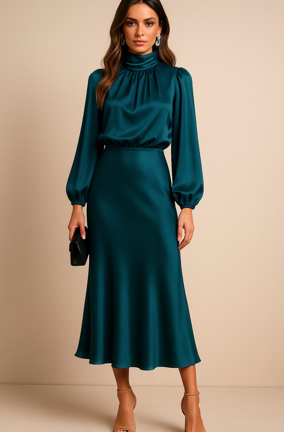 Women's High-Waist Mock-Neck Satin Balloon-Sleeve Midi Dress