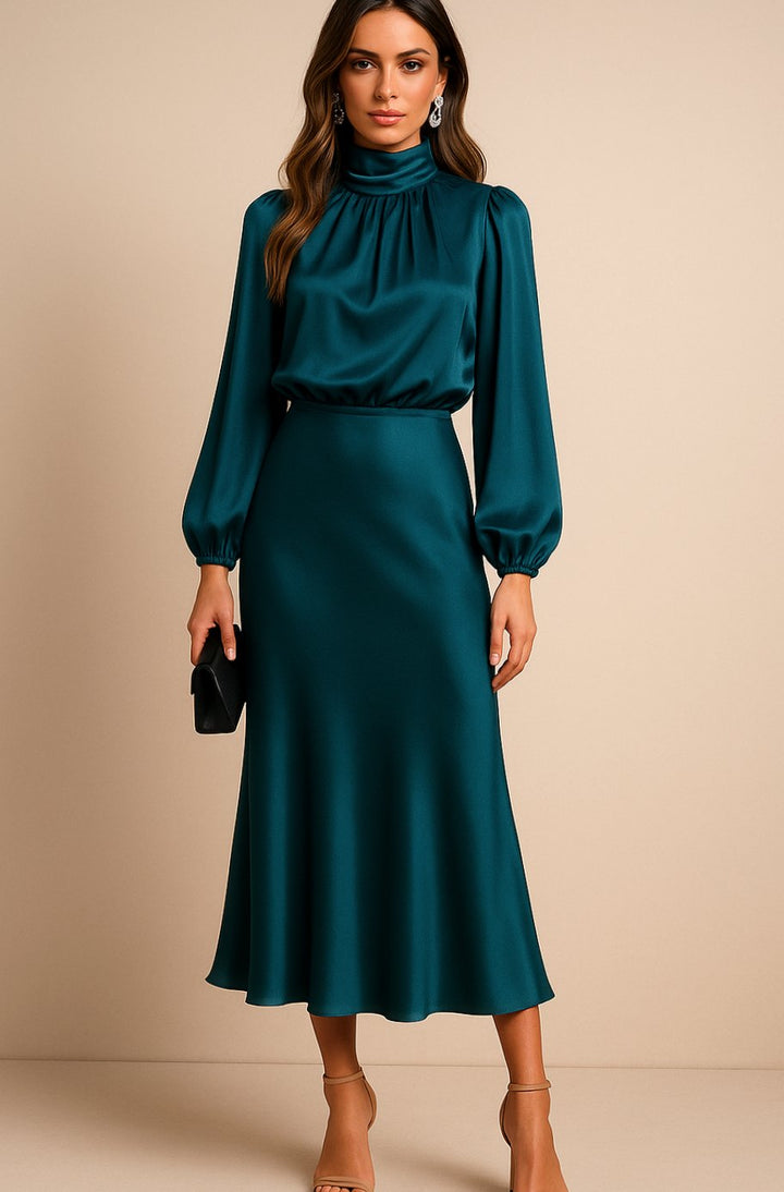 Women's High-Waist Mock-Neck Satin Balloon-Sleeve Midi Dress