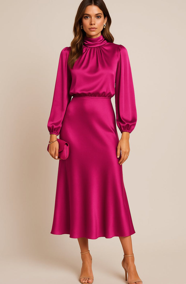 Women's High-Waist Mock-Neck Satin Balloon-Sleeve Midi Dress