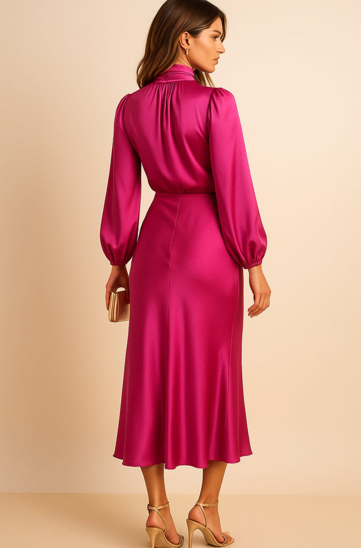Women's High-Waist Mock-Neck Satin Balloon-Sleeve Midi Dress