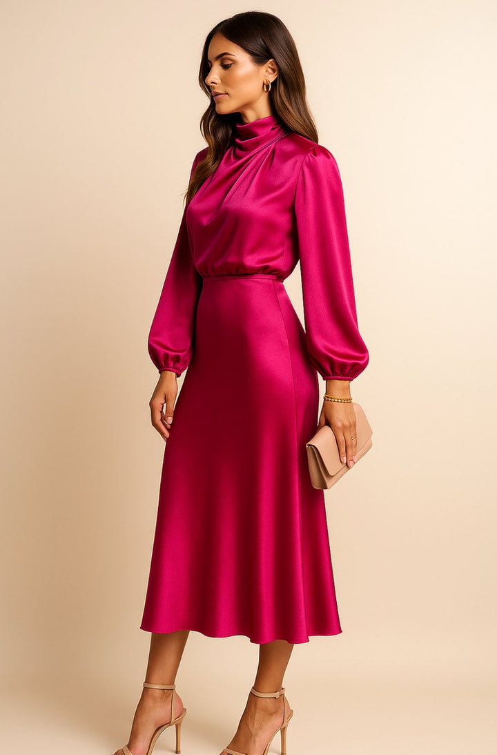 Women's High-Waist Mock-Neck Satin Balloon-Sleeve Midi Dress