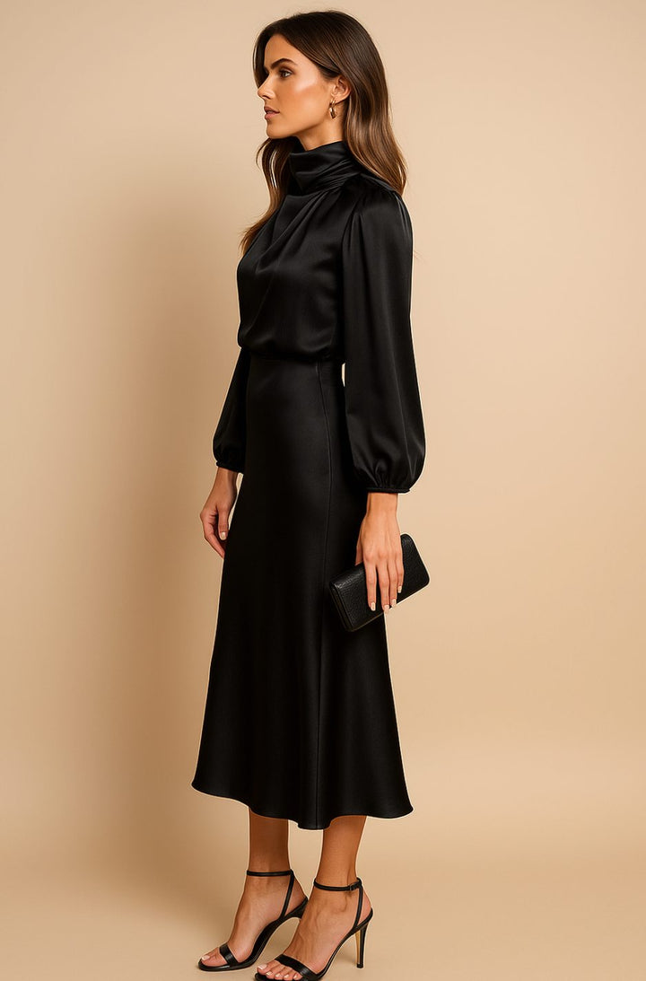 Women's High-Waist Mock-Neck Satin Balloon-Sleeve Midi Dress