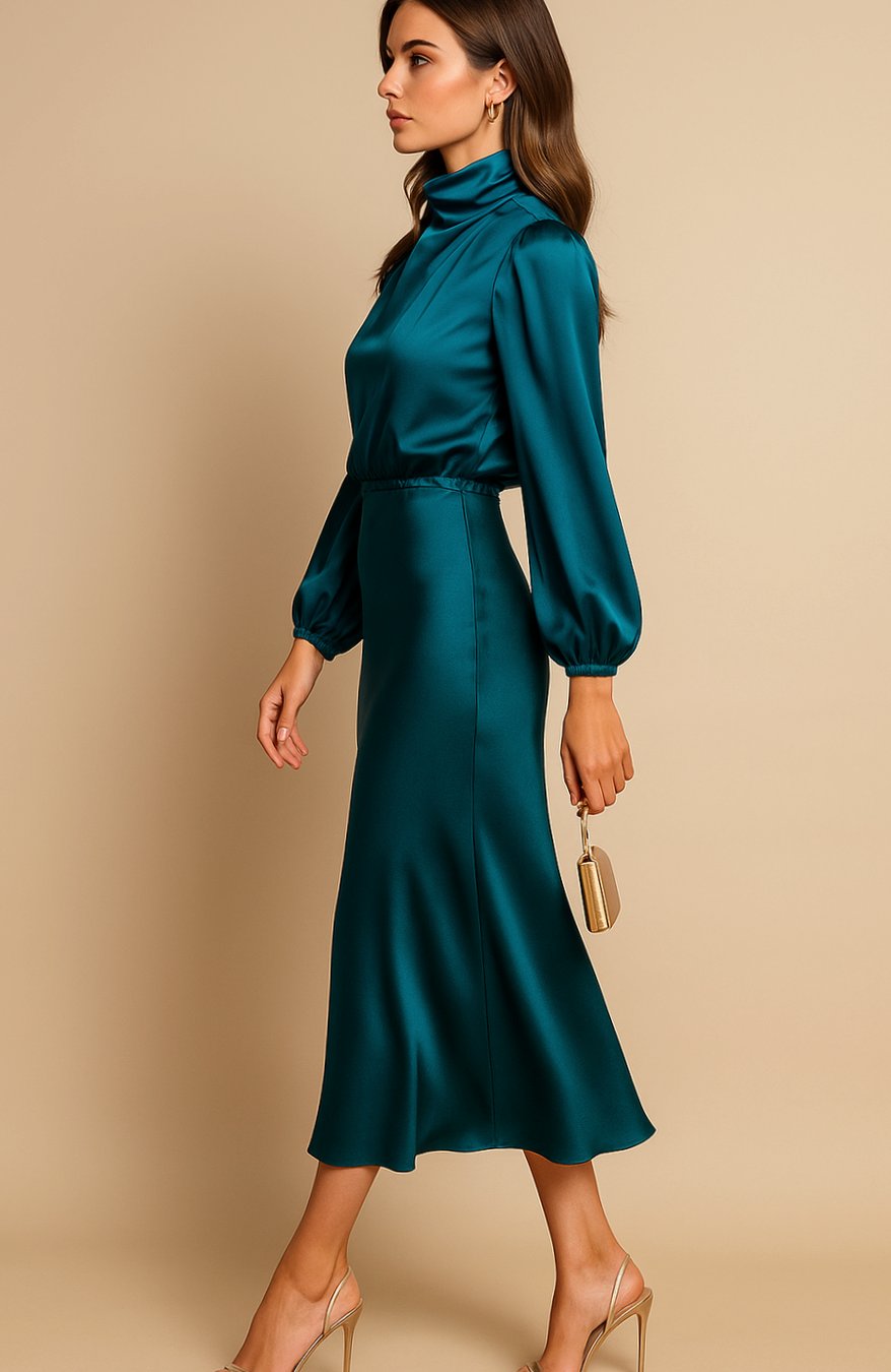 Women's High-Waist Mock-Neck Satin Balloon-Sleeve Midi Dress