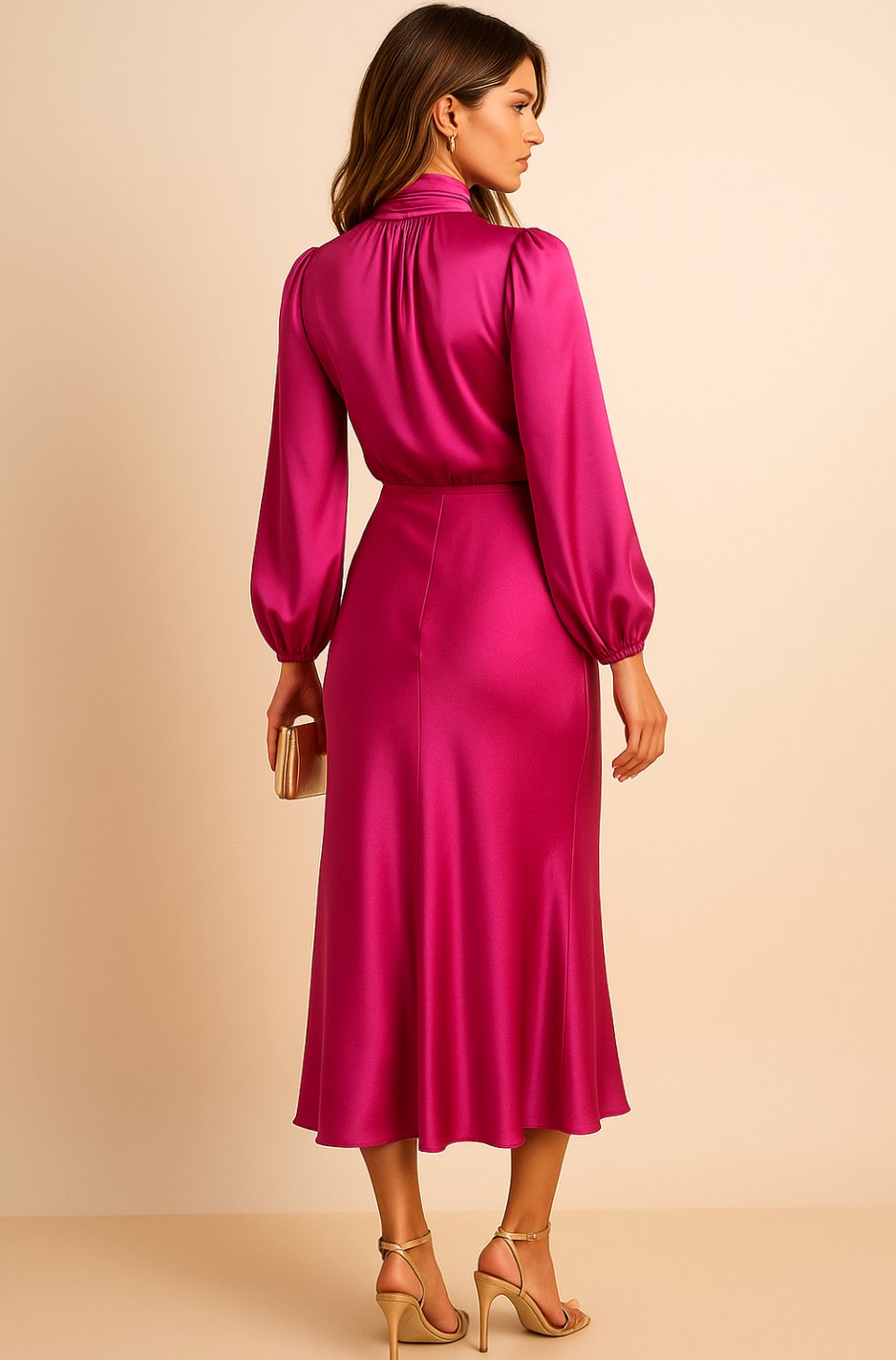 Women's High-Waist Mock-Neck Satin Balloon-Sleeve Midi Dress
