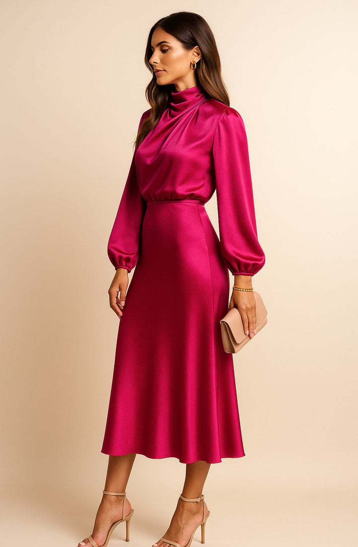 Women's High-Waist Mock-Neck Satin Balloon-Sleeve Midi Dress