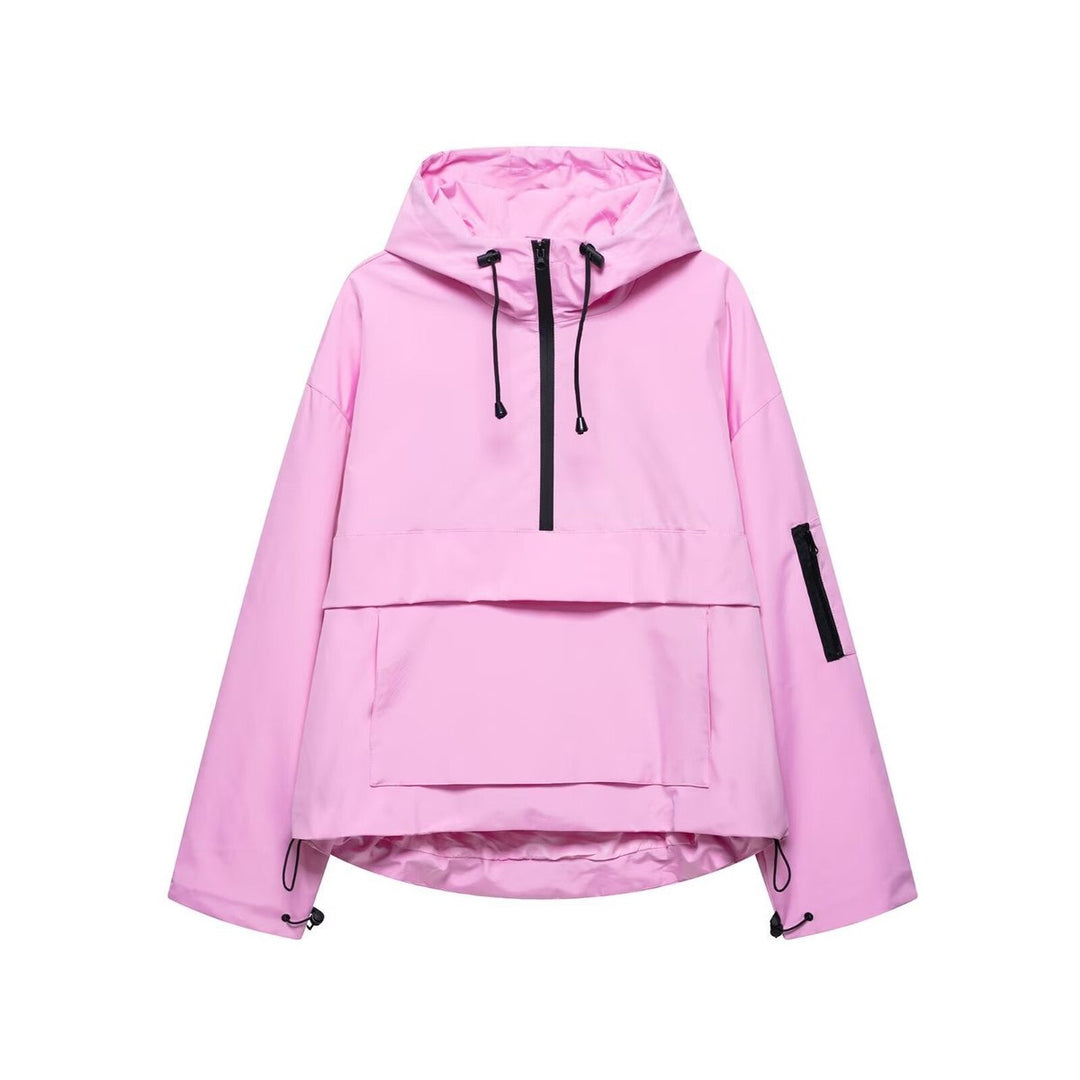 Women's Hooded Anorak Pullover Quilted Jacket Half-Zip Windproof - Pink