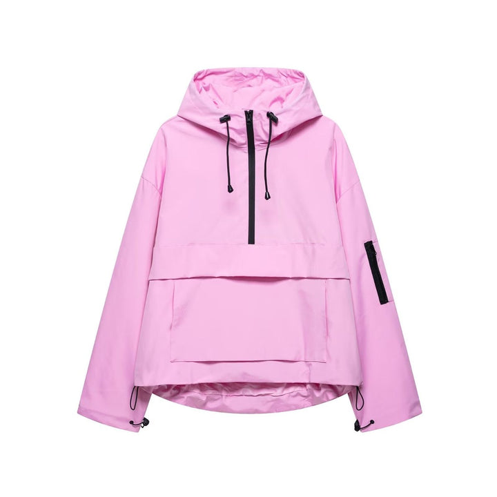 Women's Hooded Anorak Pullover Quilted Jacket Half-Zip Windproof - Pink
