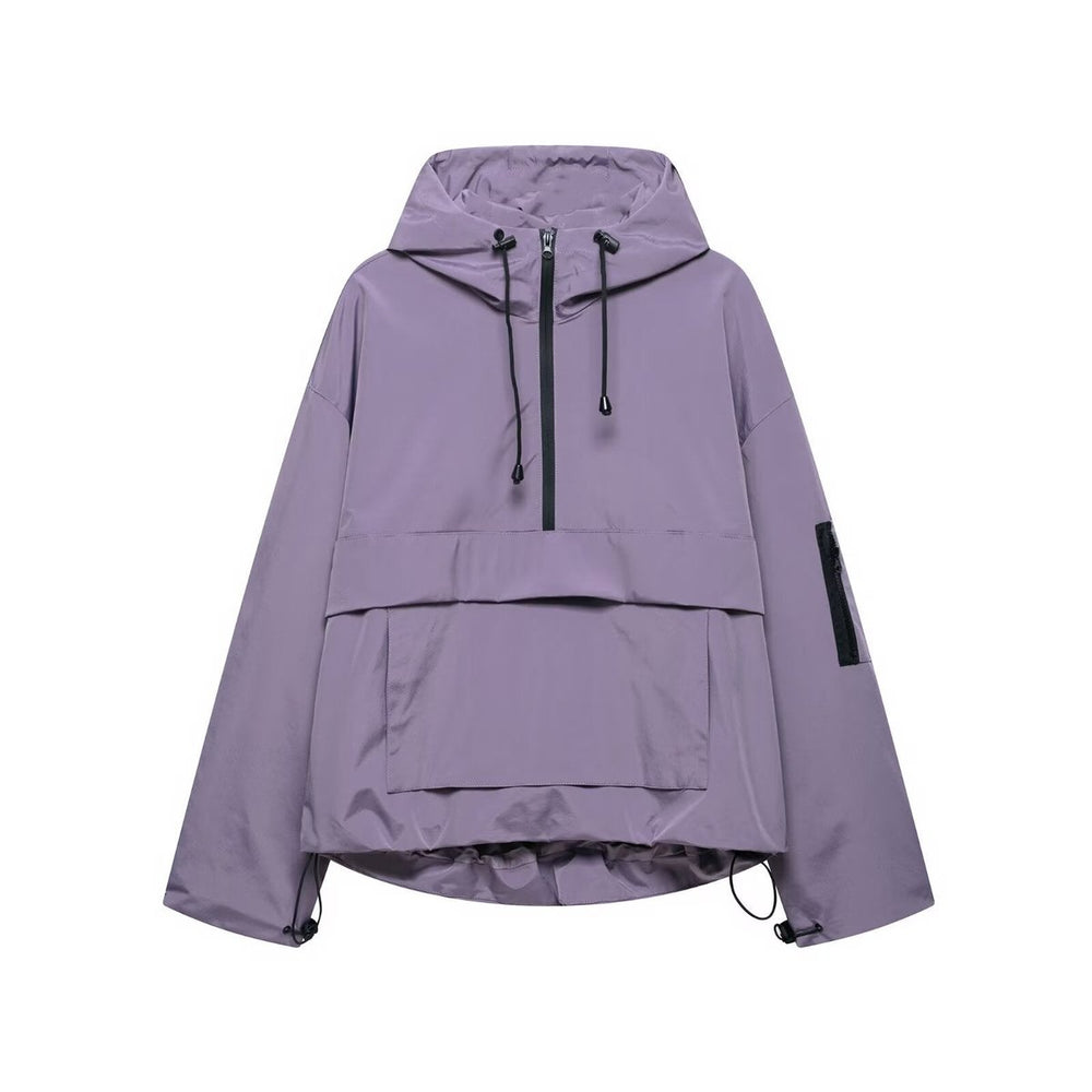 Women's Hooded Anorak Pullover Quilted Jacket Half-Zip Windproof - Purple