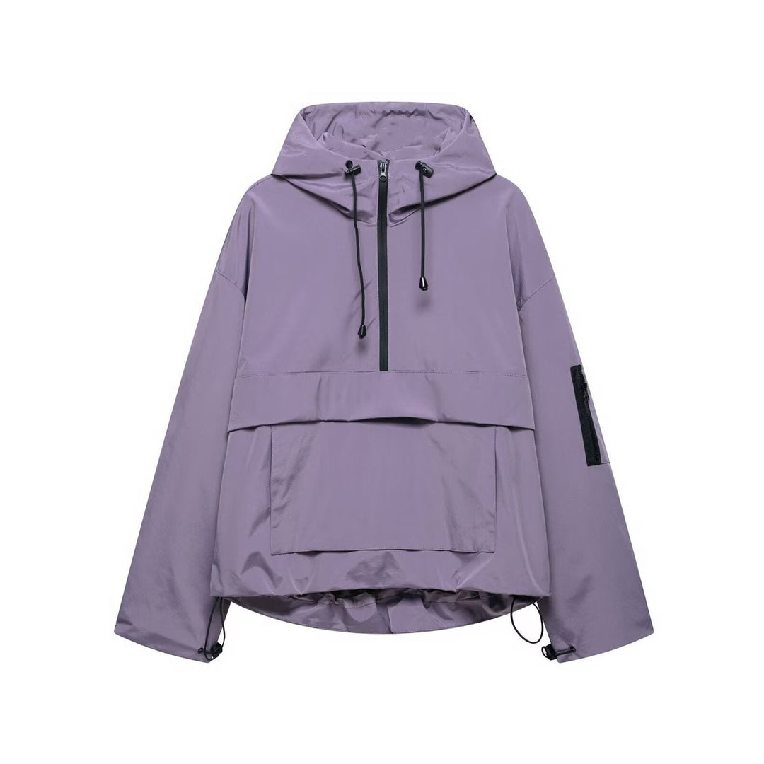 Women's Hooded Anorak Pullover Quilted Jacket Half-Zip Windproof - Purple