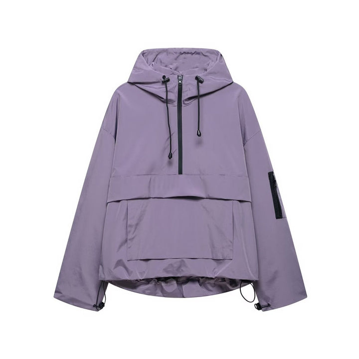 Women's Hooded Anorak Pullover Quilted Jacket Half-Zip Windproof - Purple
