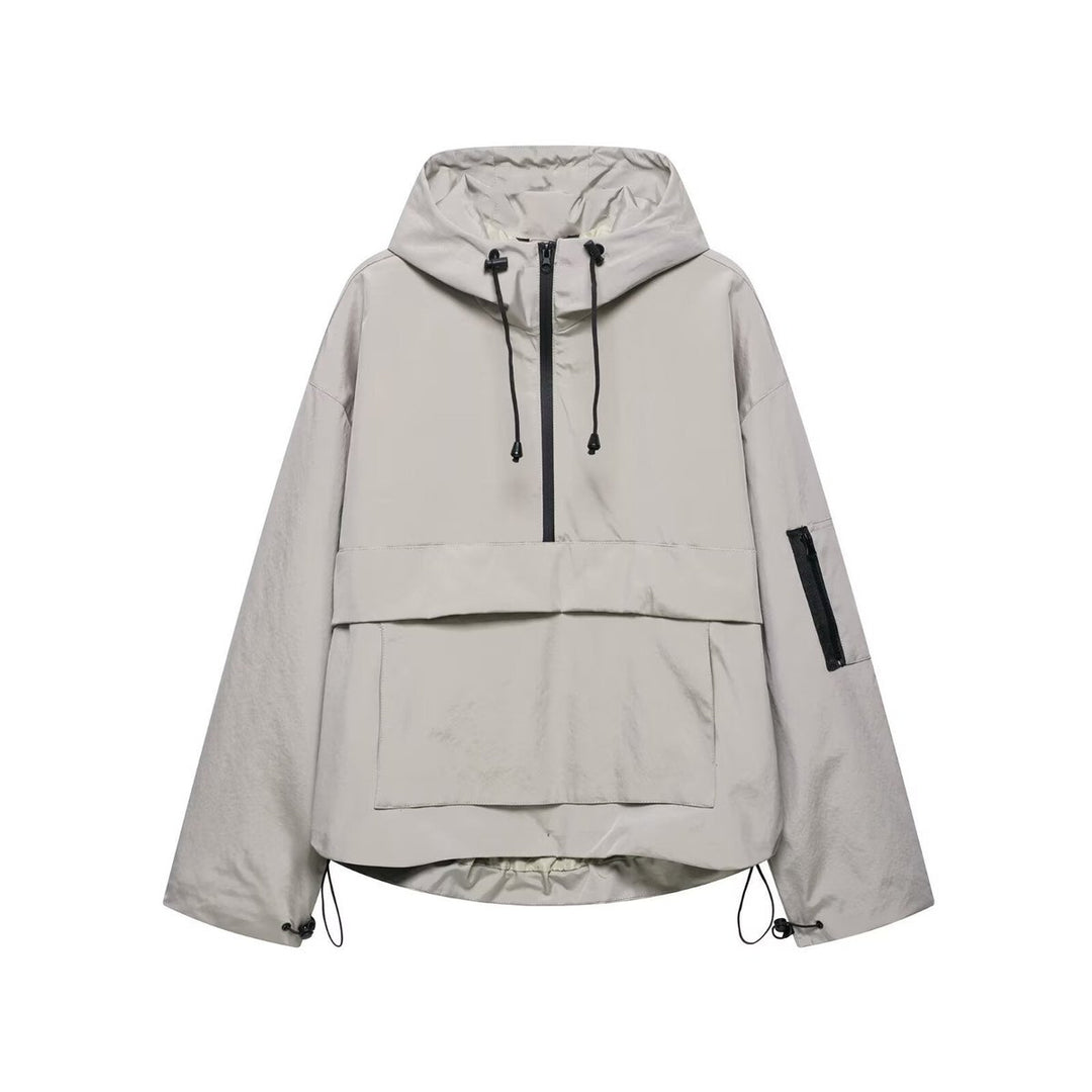 Women's Hooded Anorak Pullover Quilted Jacket Half-Zip Windproof - Grey