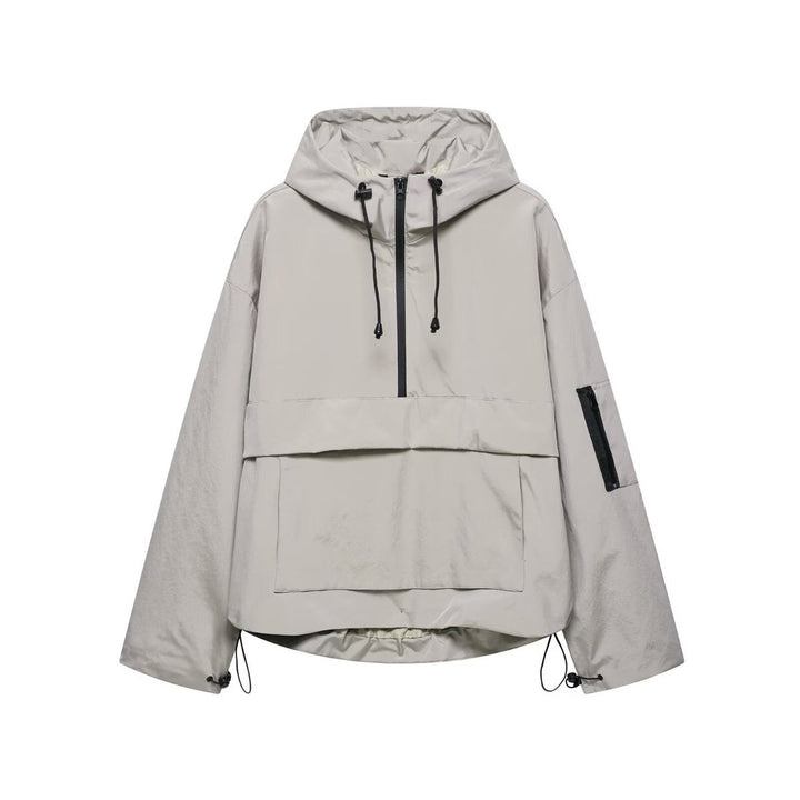 Women's Hooded Anorak Pullover Quilted Jacket Half-Zip Windproof - Grey