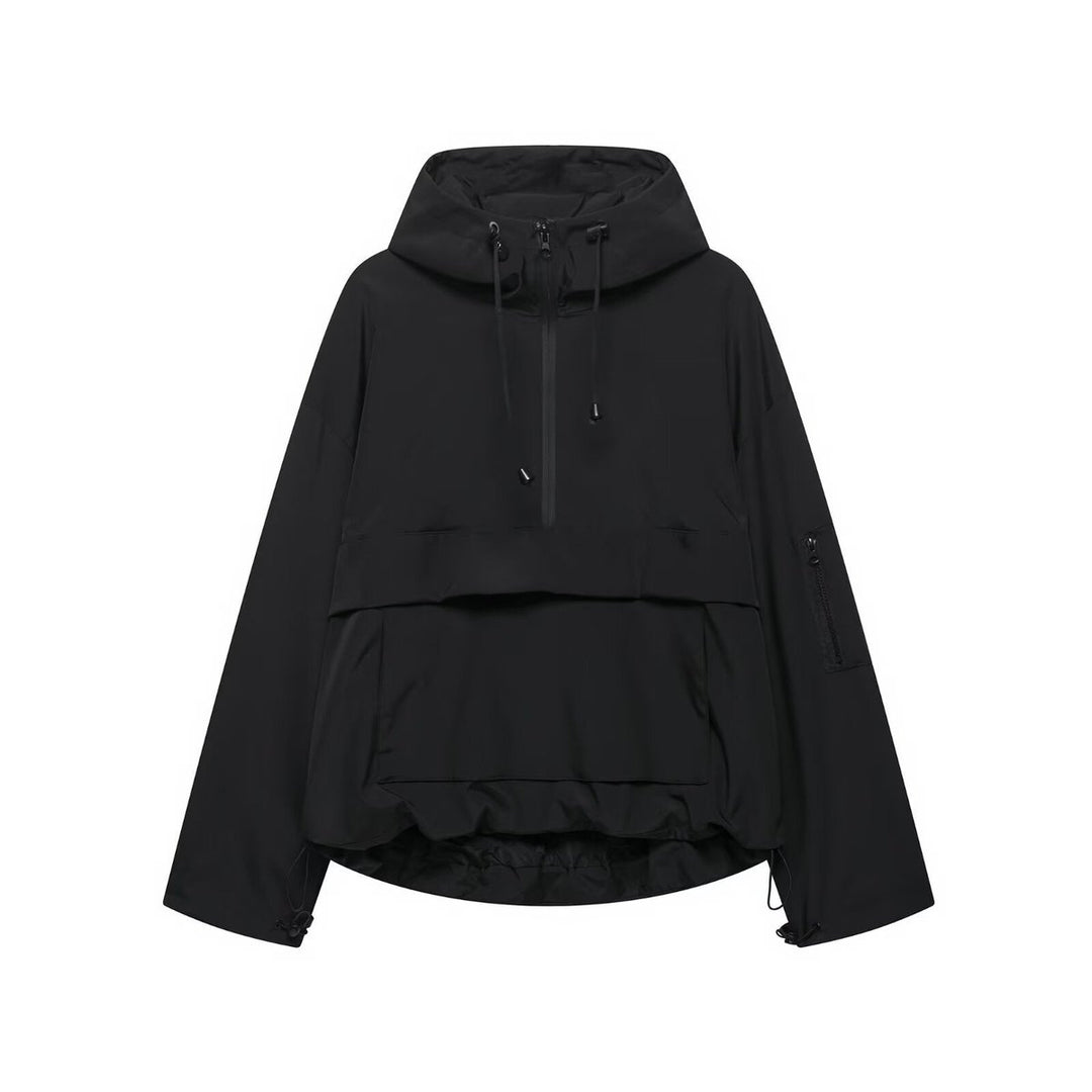 Women's Hooded Anorak Pullover Quilted Jacket Half-Zip Windproof - Black