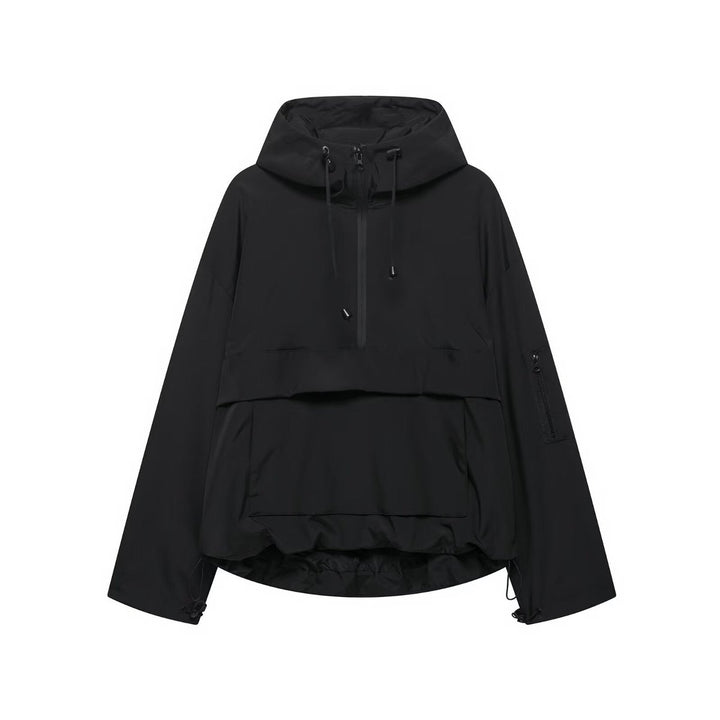 Women's Hooded Anorak Pullover Quilted Jacket Half-Zip Windproof - Black
