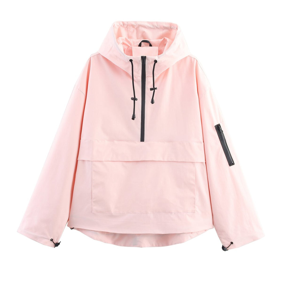 Women's Hooded Anorak Pullover Quilted Jacket Half-Zip Windproof - Light Pink
