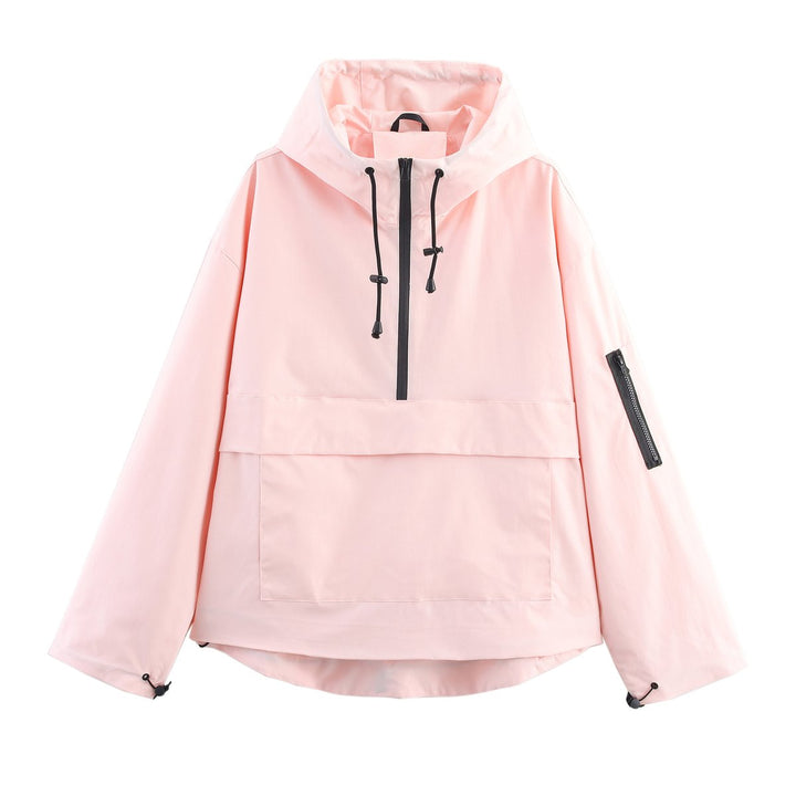 Women's Hooded Anorak Pullover Quilted Jacket Half-Zip Windproof - Light Pink