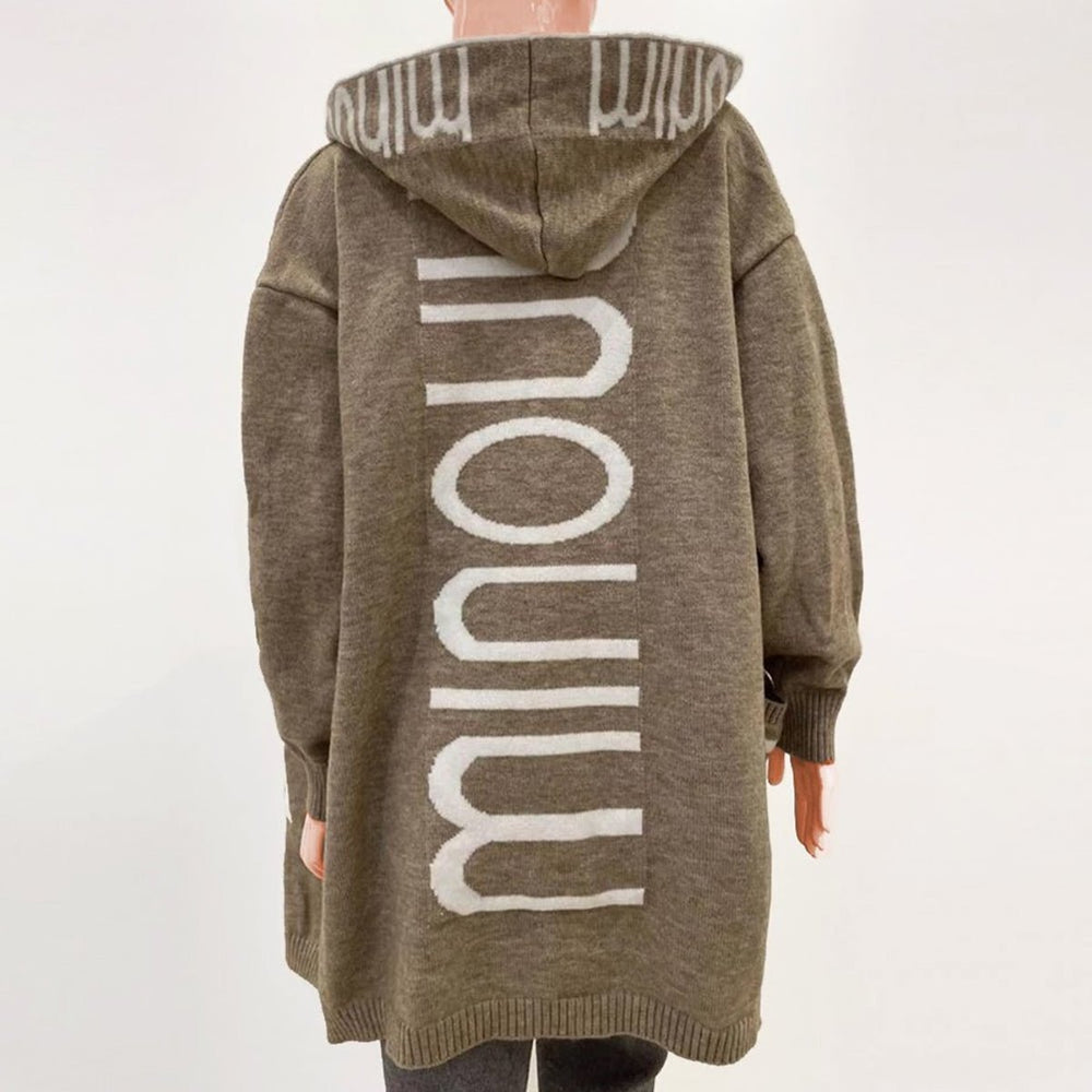 Women's Hooded Knit Open-Front Quilted Jacket Letter-Print Cardigan