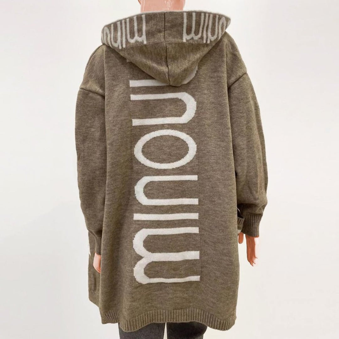Women's Hooded Knit Open-Front Quilted Jacket Letter-Print Cardigan