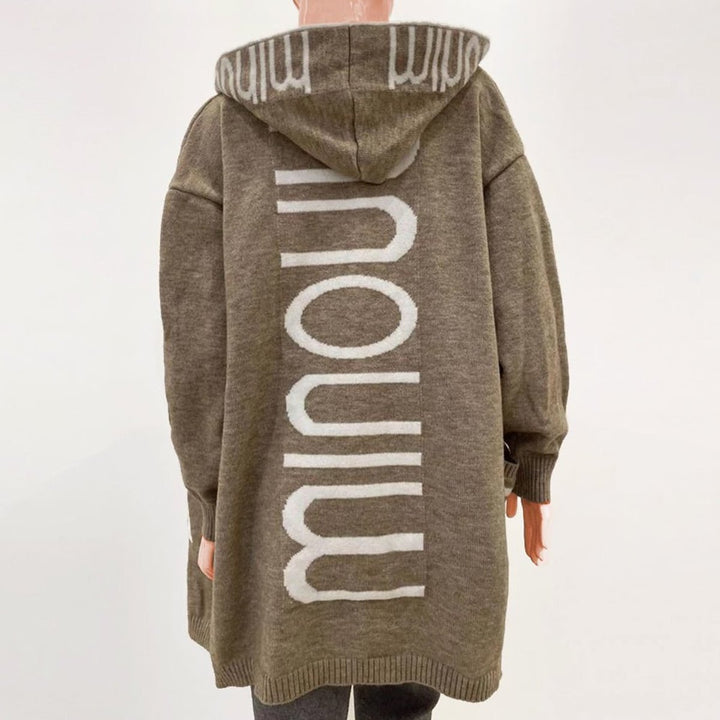Women's Hooded Knit Open-Front Quilted Jacket Letter-Print Cardigan