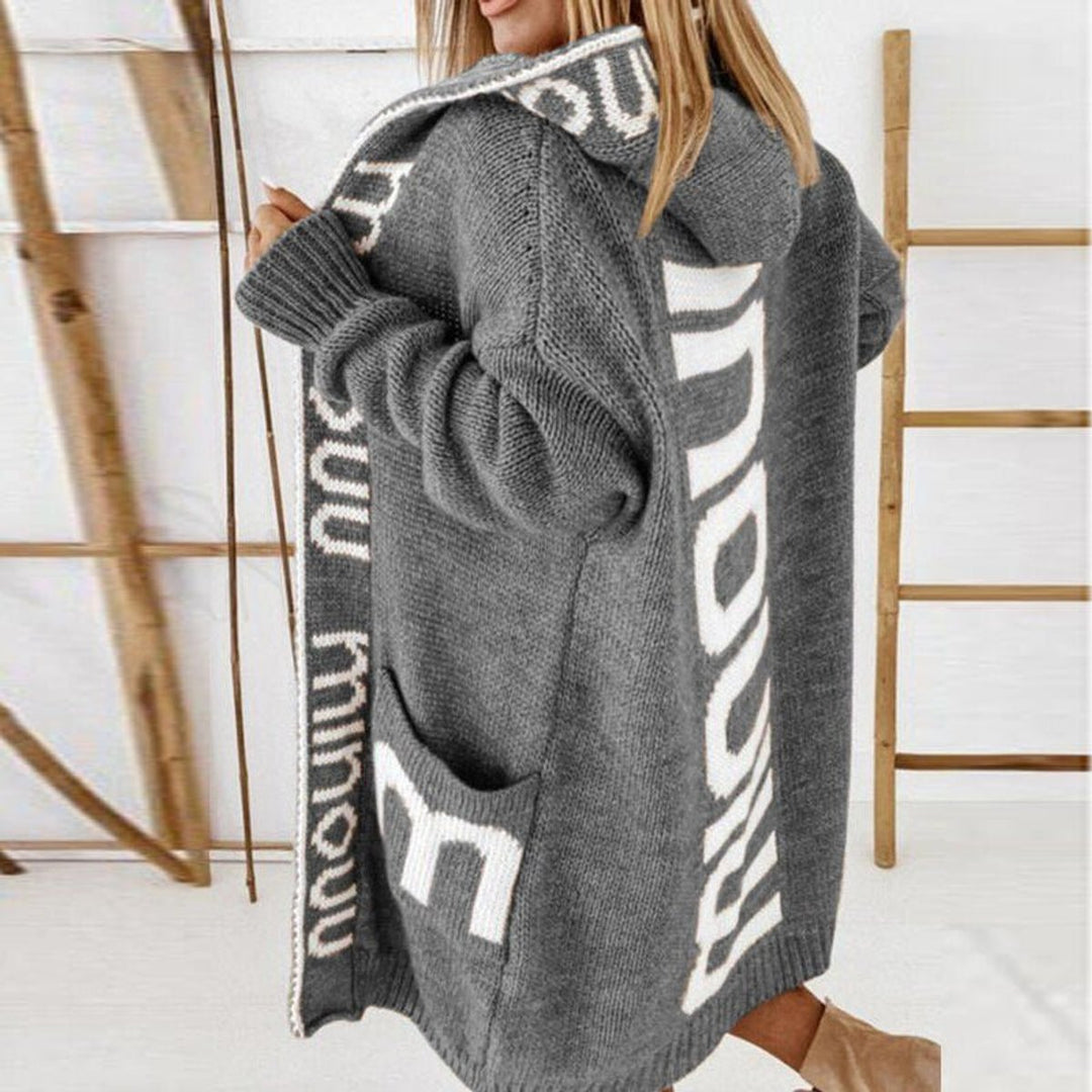 Women's Hooded Knit Open-Front Quilted Jacket Letter-Print Cardigan - Grey