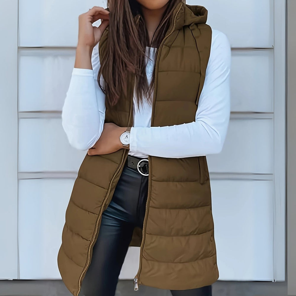 Women's Hooded Long Sleeveless Puffer Vest Lightweight Layering Gilet - Khaki