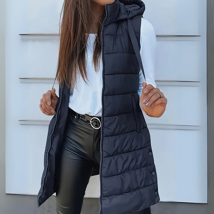Women's Hooded Long Sleeveless Puffer Vest Lightweight Layering Gilet - Navy Blue